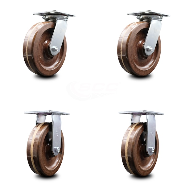 8 Inch High Temp Phenolic Caster Set with Roller Bearings 2 Swivel 2 Rigid SCC